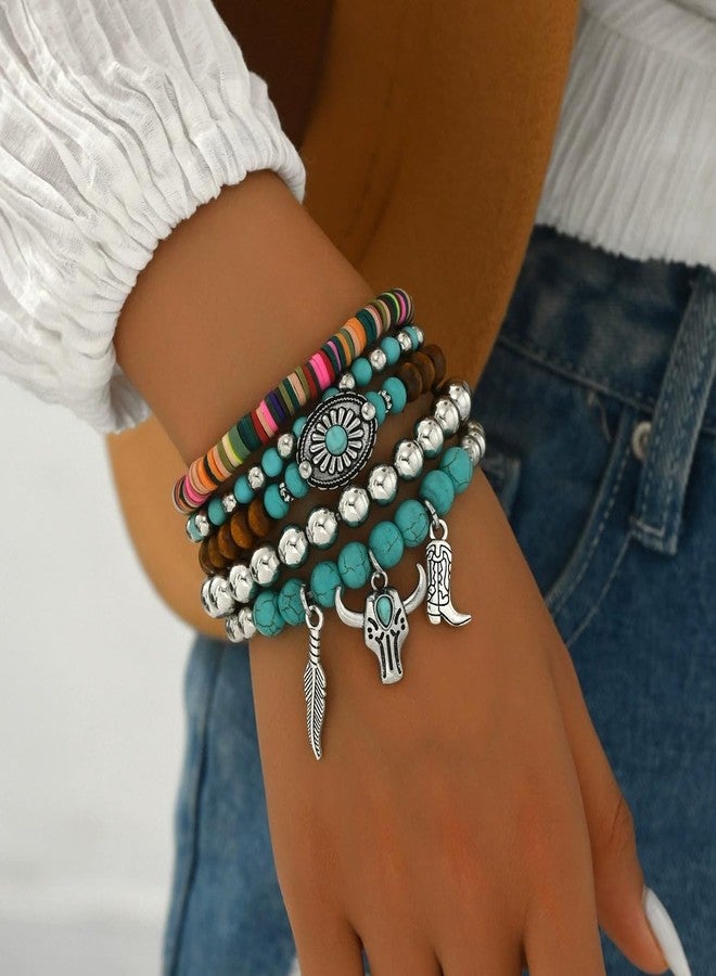 LOTSOF Western Turquoise Beaded Bracelet, Boho Stack Jewelry, Country Concert Cowgirl Style (Bull Head Style 5PCS) - Image 2